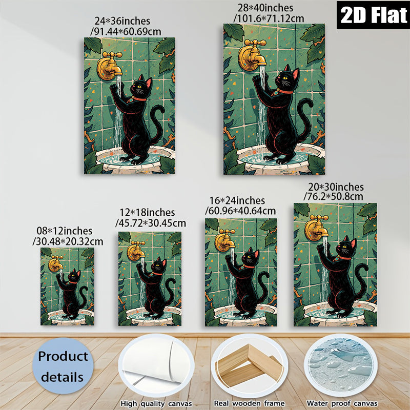 2D flat 1pc Curious Black Cat Drinks From Bathroom Faucet Farmhouse Wall Art Living Room Decor Bedroom Prints Modern Canvas Artwork Cozy Aesthetic Gallery Wrapped