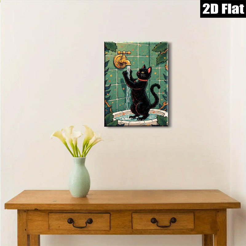 2D flat 1pc Curious Black Cat Drinks From Bathroom Faucet Farmhouse Wall Art Living Room Decor Bedroom Prints Modern Canvas Artwork Cozy Aesthetic Gallery Wrapped