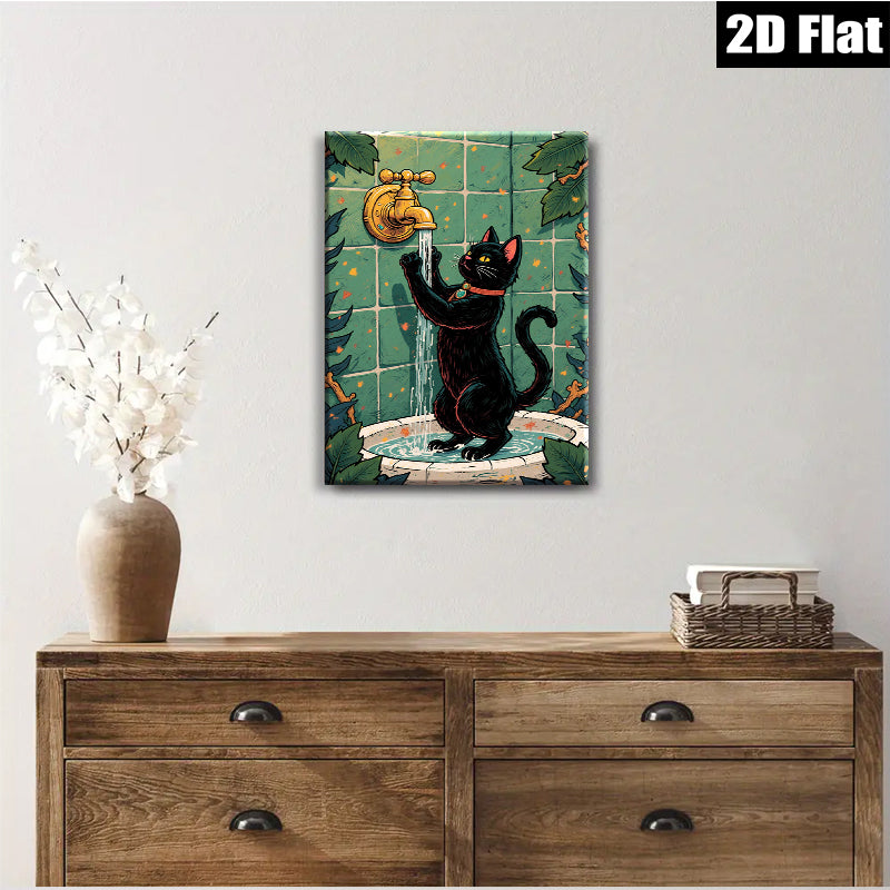 2D flat 1pc Curious Black Cat Drinks From Bathroom Faucet Farmhouse Wall Art Living Room Decor Bedroom Prints Modern Canvas Artwork Cozy Aesthetic Gallery Wrapped