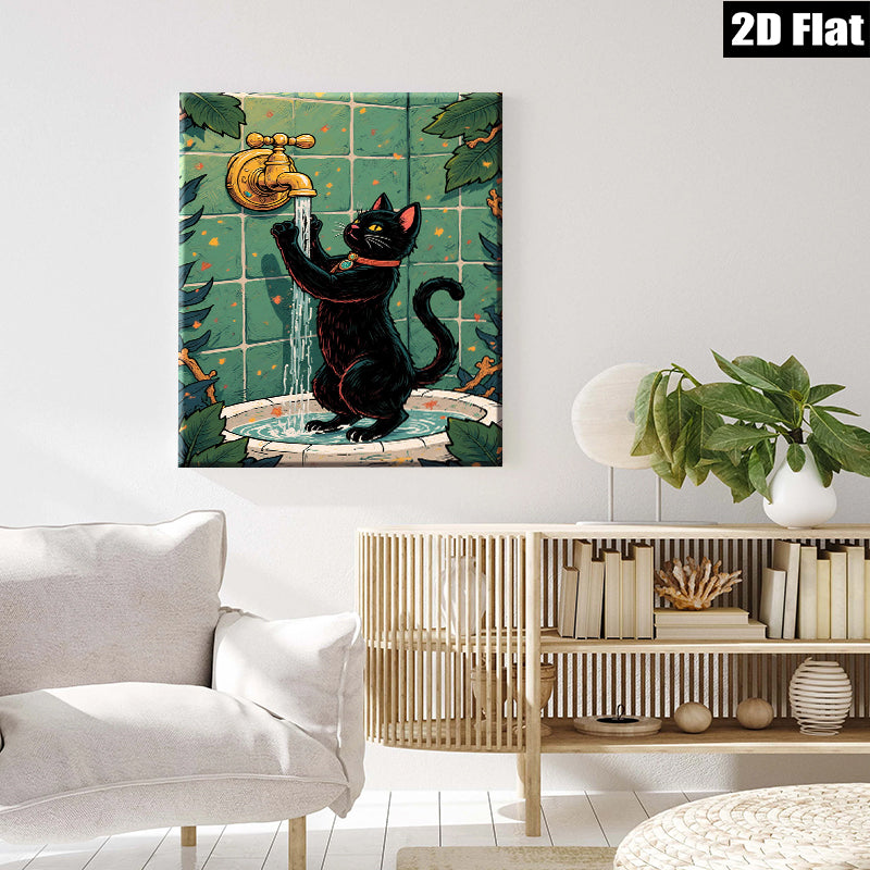 2D flat 1pc Curious Black Cat Drinks From Bathroom Faucet Farmhouse Wall Art Living Room Decor Bedroom Prints Modern Canvas Artwork Cozy Aesthetic Gallery Wrapped