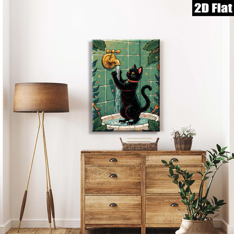 2D flat 1pc Curious Black Cat Drinks From Bathroom Faucet Farmhouse Wall Art Living Room Decor Bedroom Prints Modern Canvas Artwork Cozy Aesthetic Gallery Wrapped