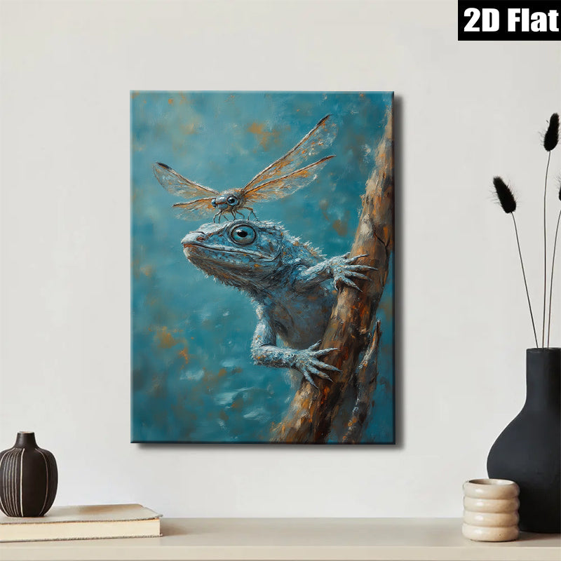 2D flat 1pc Curious Blue Lizard Climbing Branch Farmhouse Wall Art Living Room Decor Botanical Prints Rustic Canvas Artwork Modern Home Accents