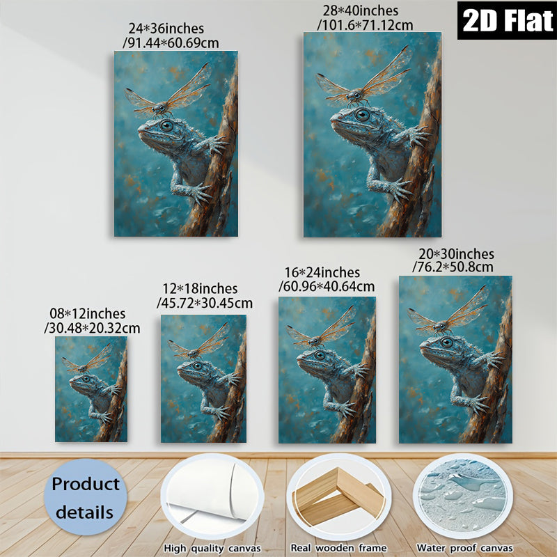 2D flat 1pc Curious Blue Lizard Climbing Branch Farmhouse Wall Art Living Room Decor Botanical Prints Rustic Canvas Artwork Modern Home Accents