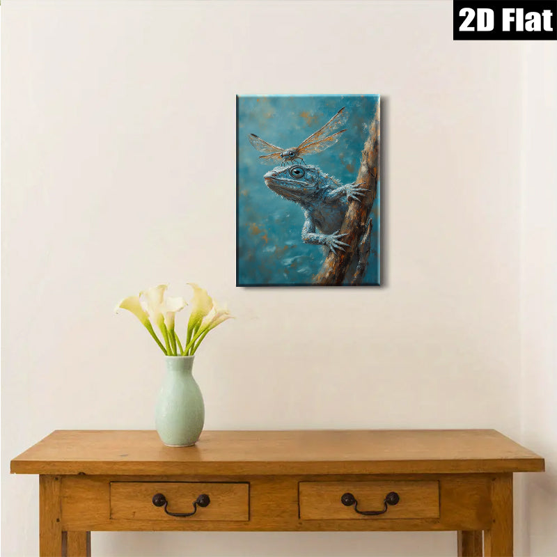 2D flat 1pc Curious Blue Lizard Climbing Branch Farmhouse Wall Art Living Room Decor Botanical Prints Rustic Canvas Artwork Modern Home Accents