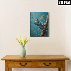 2D flat 1pc Curious Blue Lizard Climbing Branch Farmhouse Wall Art Living Room Decor Botanical Prints Rustic Canvas Artwork Modern Home Accents