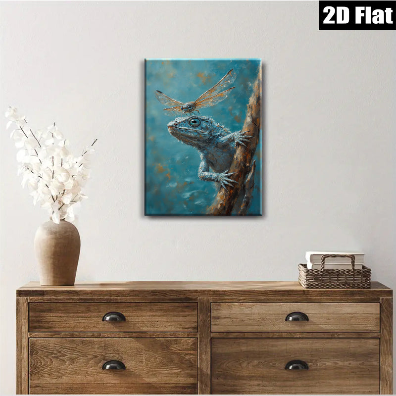 2D flat 1pc Curious Blue Lizard Climbing Branch Farmhouse Wall Art Living Room Decor Botanical Prints Rustic Canvas Artwork Modern Home Accents