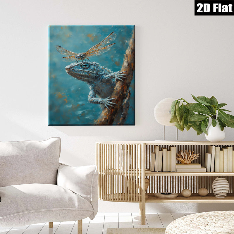 2D flat 1pc Curious Blue Lizard Climbing Branch Farmhouse Wall Art Living Room Decor Botanical Prints Rustic Canvas Artwork Modern Home Accents