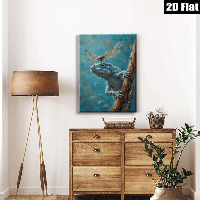 2D flat 1pc Curious Blue Lizard Climbing Branch Farmhouse Wall Art Living Room Decor Botanical Prints Rustic Canvas Artwork Modern Home Accents