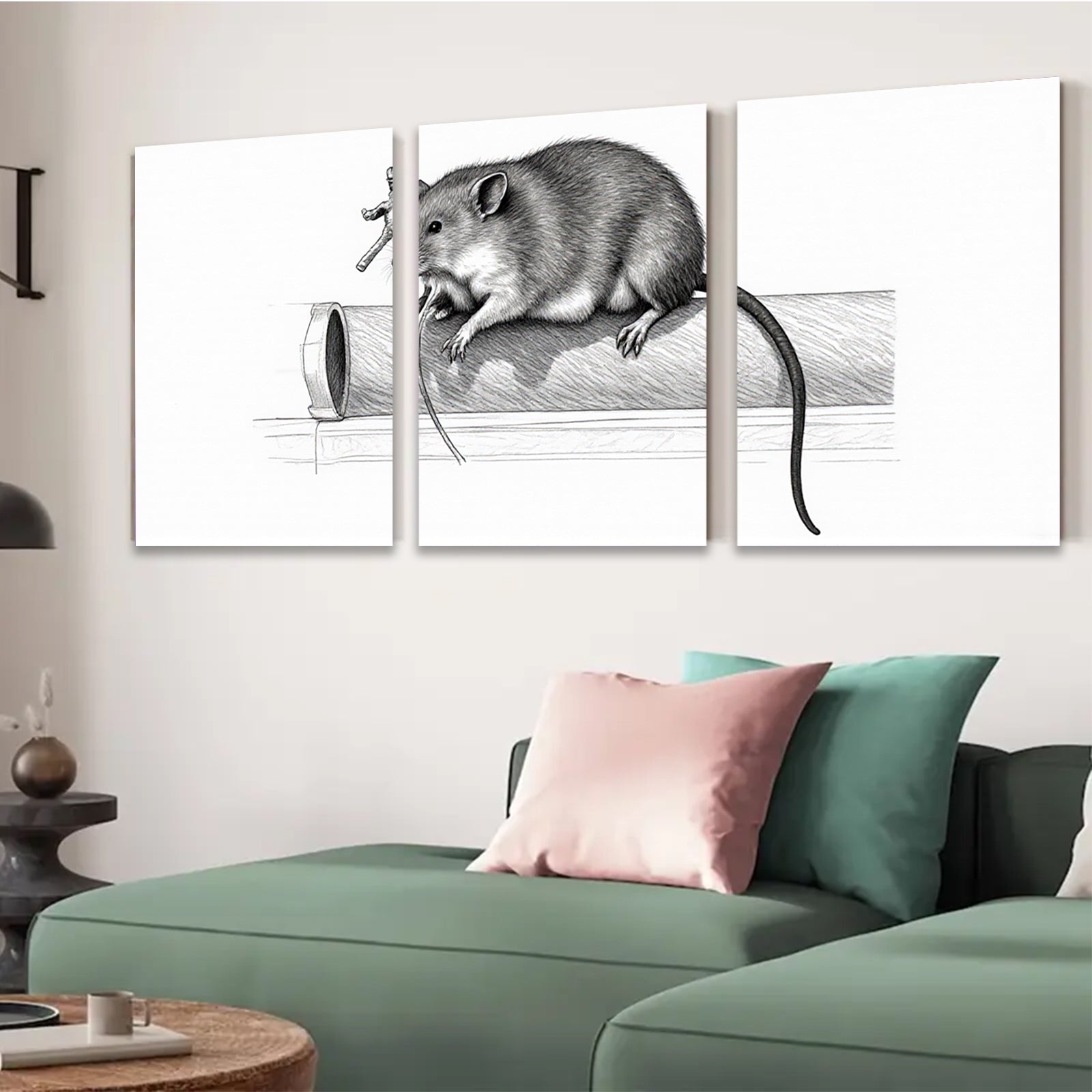 2D flat 1pc Curious rodent atop pipe whimsical farmhouse wall art bathroom decor living room canvas prints gallery wrapped modern minimalist