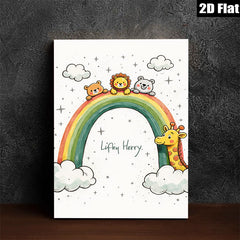 2D flat 1pc Cute Animals Rainbow Wall Art Kids Room Nursery Decor Playroom Paintings Modern Farmhouse Aesthetic Gallery Wrapped Canvas Prints for Baby Bedroom