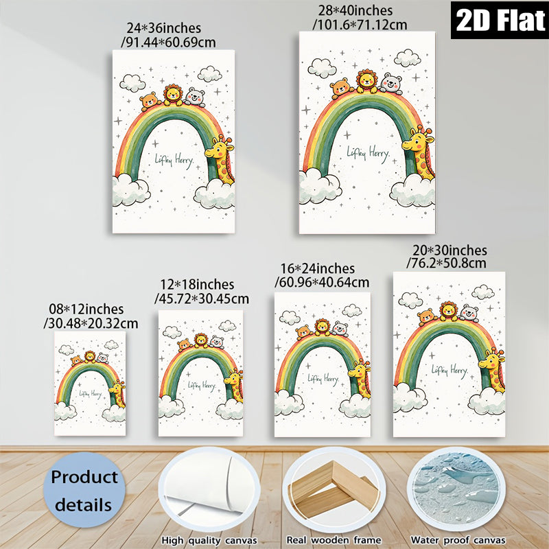 2D flat 1pc Cute Animals Rainbow Wall Art Kids Room Nursery Decor Playroom Paintings Modern Farmhouse Aesthetic Gallery Wrapped Canvas Prints for Baby Bedroom