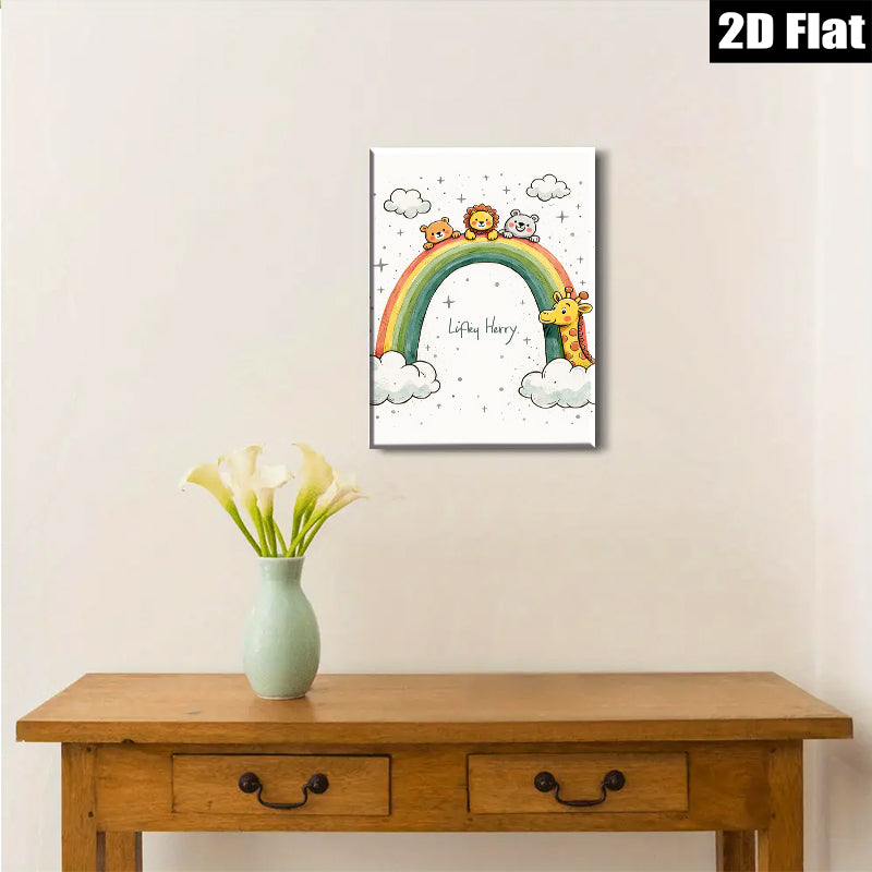 2D flat 1pc Cute Animals Rainbow Wall Art Kids Room Nursery Decor Playroom Paintings Modern Farmhouse Aesthetic Gallery Wrapped Canvas Prints for Baby Bedroom