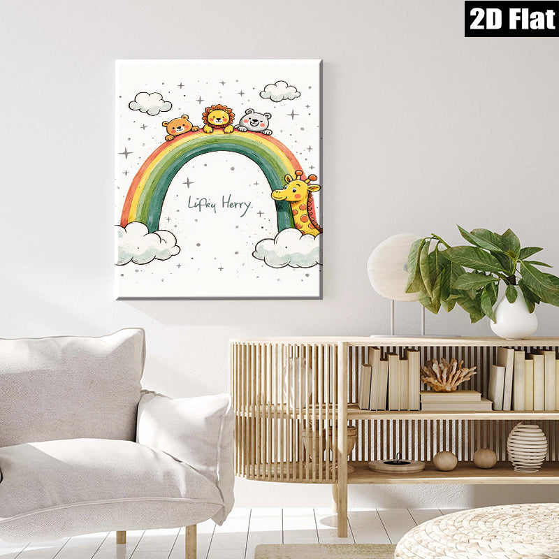 2D flat 1pc Cute Animals Rainbow Wall Art Kids Room Nursery Decor Playroom Paintings Modern Farmhouse Aesthetic Gallery Wrapped Canvas Prints for Baby Bedroom