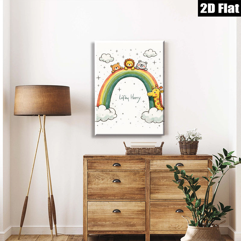 2D flat 1pc Cute Animals Rainbow Wall Art Kids Room Nursery Decor Playroom Paintings Modern Farmhouse Aesthetic Gallery Wrapped Canvas Prints for Baby Bedroom