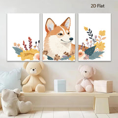2D flat 1pc Cute Corgi Floral Wall Art Living Room Bedroom Decor Modern Farmhouse Style Canvas Prints Aesthetic Room Decor Gifts for Dog Lovers