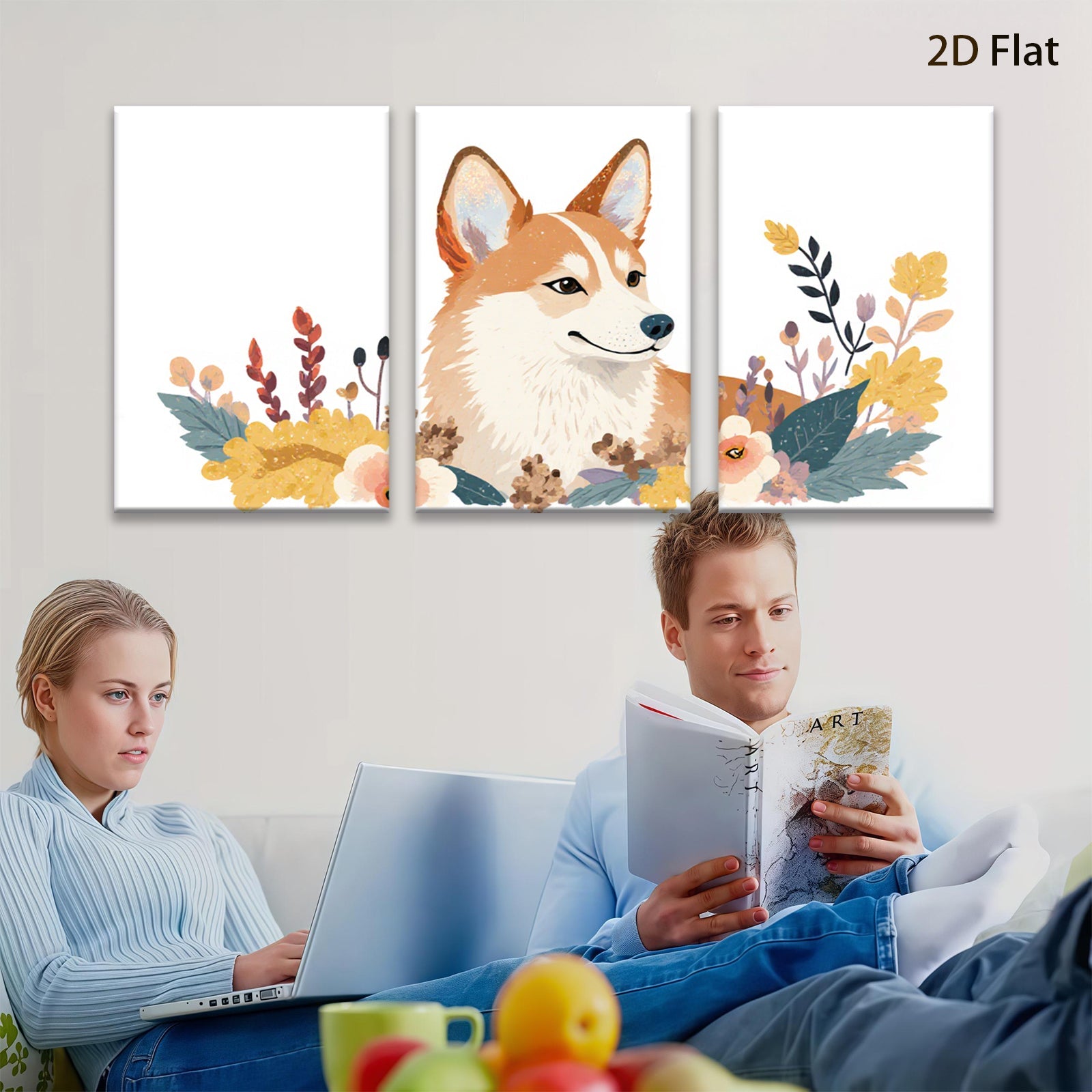 2D flat 1pc Cute Corgi Floral Wall Art Living Room Bedroom Decor Modern Farmhouse Style Canvas Prints Aesthetic Room Decor Gifts for Dog Lovers