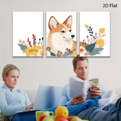 2D flat 1pc Cute Corgi Floral Wall Art Living Room Bedroom Decor Modern Farmhouse Style Canvas Prints Aesthetic Room Decor Gifts for Dog Lovers