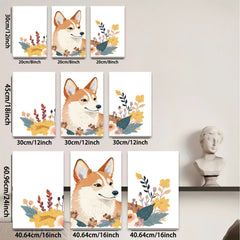 2D flat 1pc Cute Corgi Floral Wall Art Living Room Bedroom Decor Modern Farmhouse Style Canvas Prints Aesthetic Room Decor Gifts for Dog Lovers
