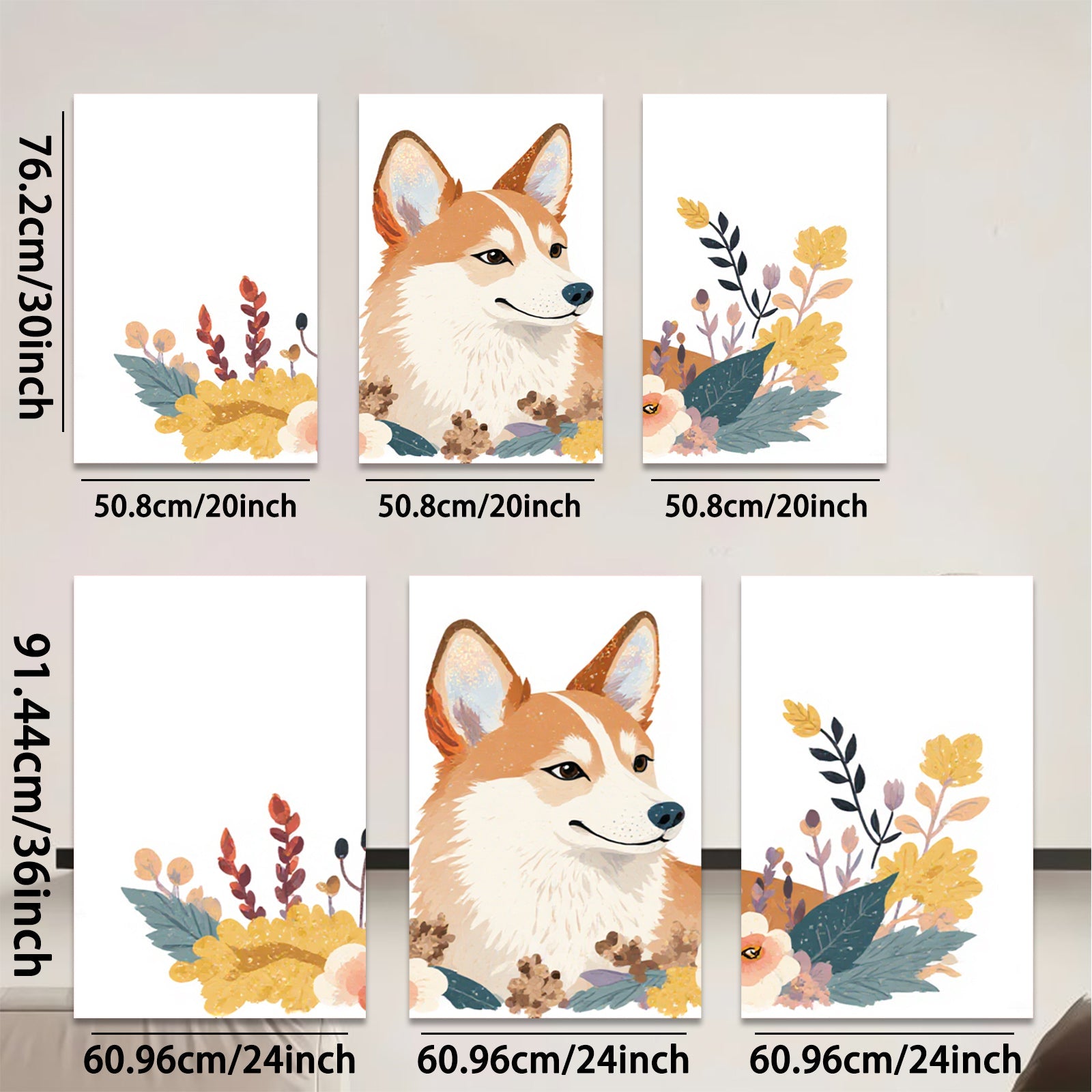2D flat 1pc Cute Corgi Floral Wall Art Living Room Bedroom Decor Modern Farmhouse Style Canvas Prints Aesthetic Room Decor Gifts for Dog Lovers