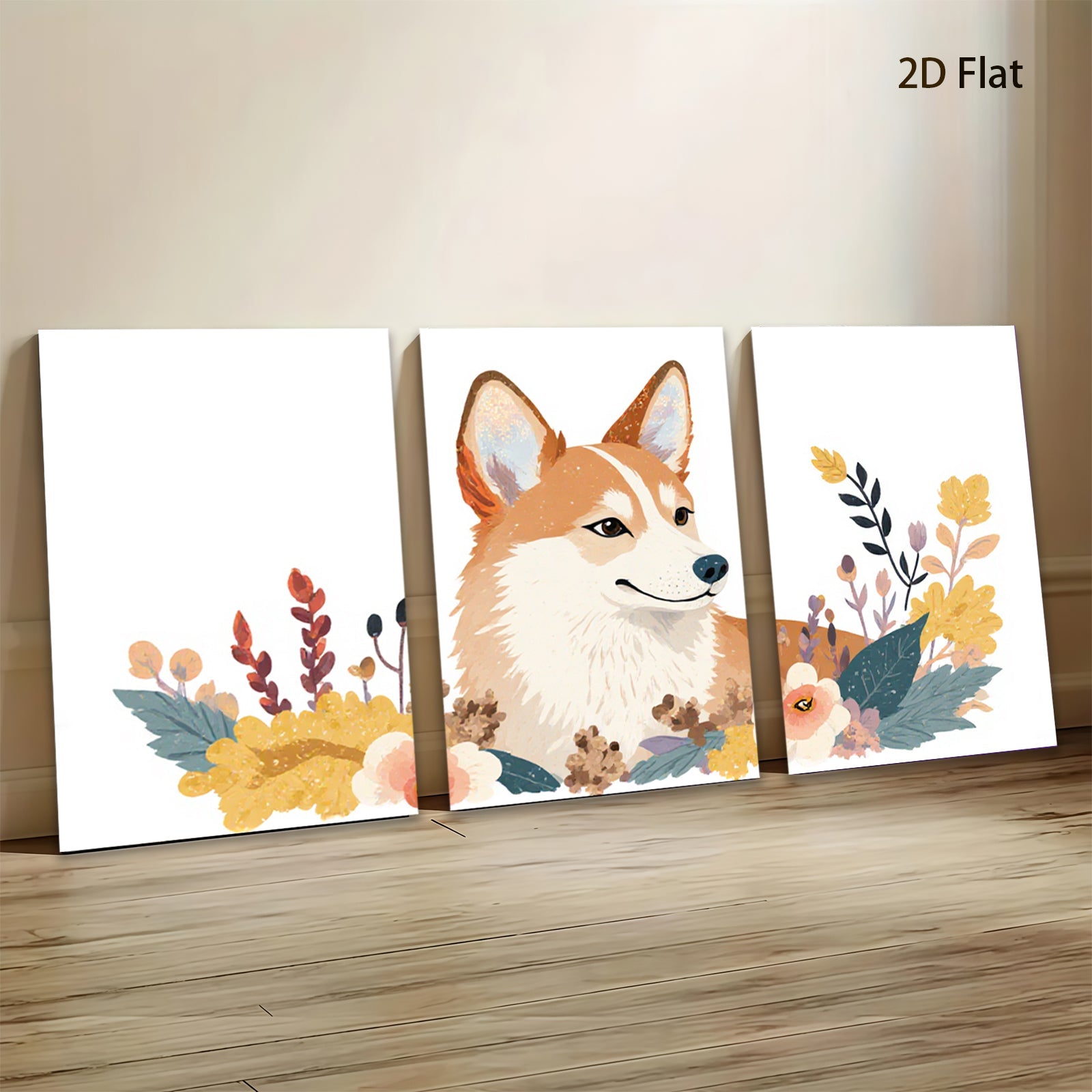 2D flat 1pc Cute Corgi Floral Wall Art Living Room Bedroom Decor Modern Farmhouse Style Canvas Prints Aesthetic Room Decor Gifts for Dog Lovers