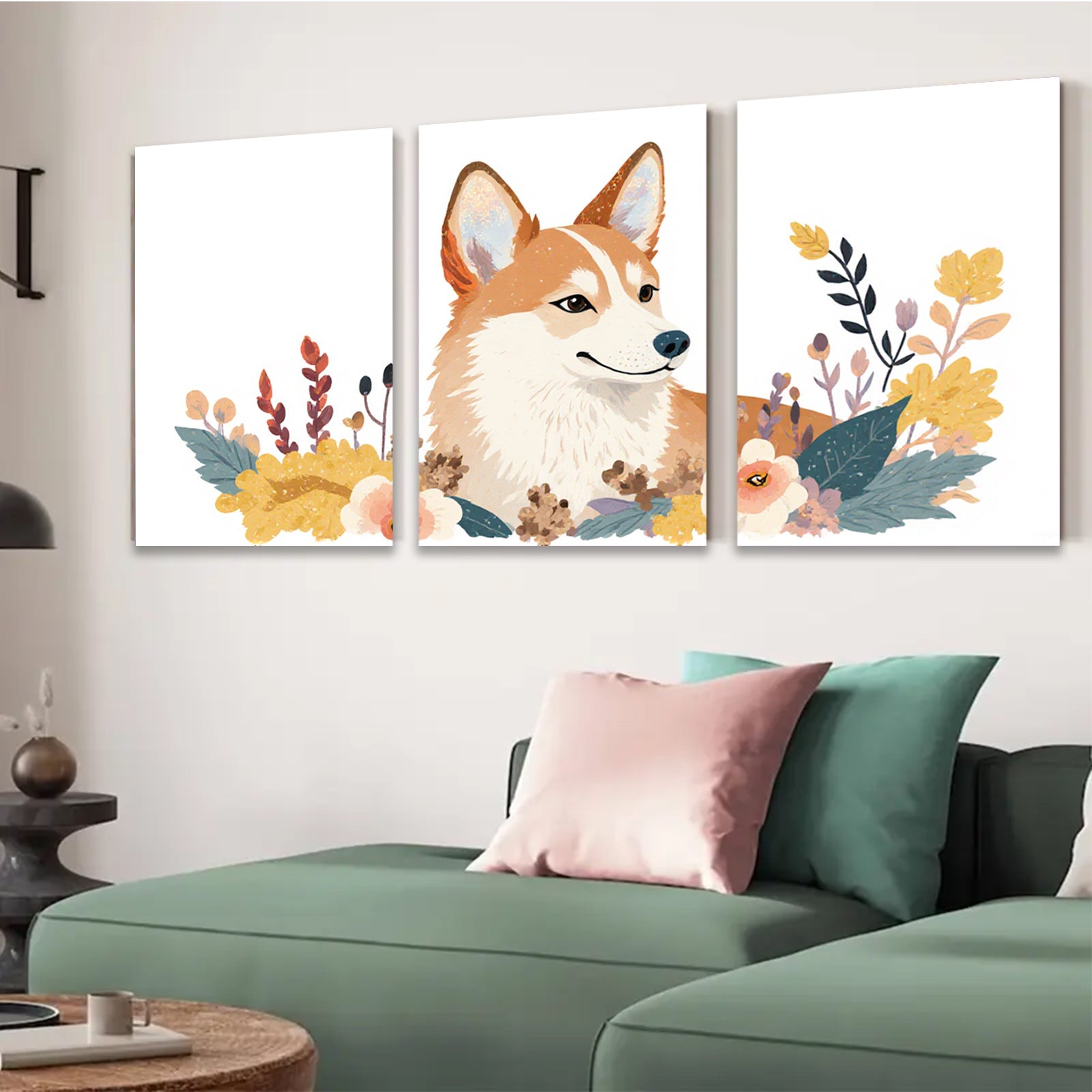 2D flat 1pc Cute Corgi Floral Wall Art Living Room Bedroom Decor Modern Farmhouse Style Canvas Prints Aesthetic Room Decor Gifts for Dog Lovers