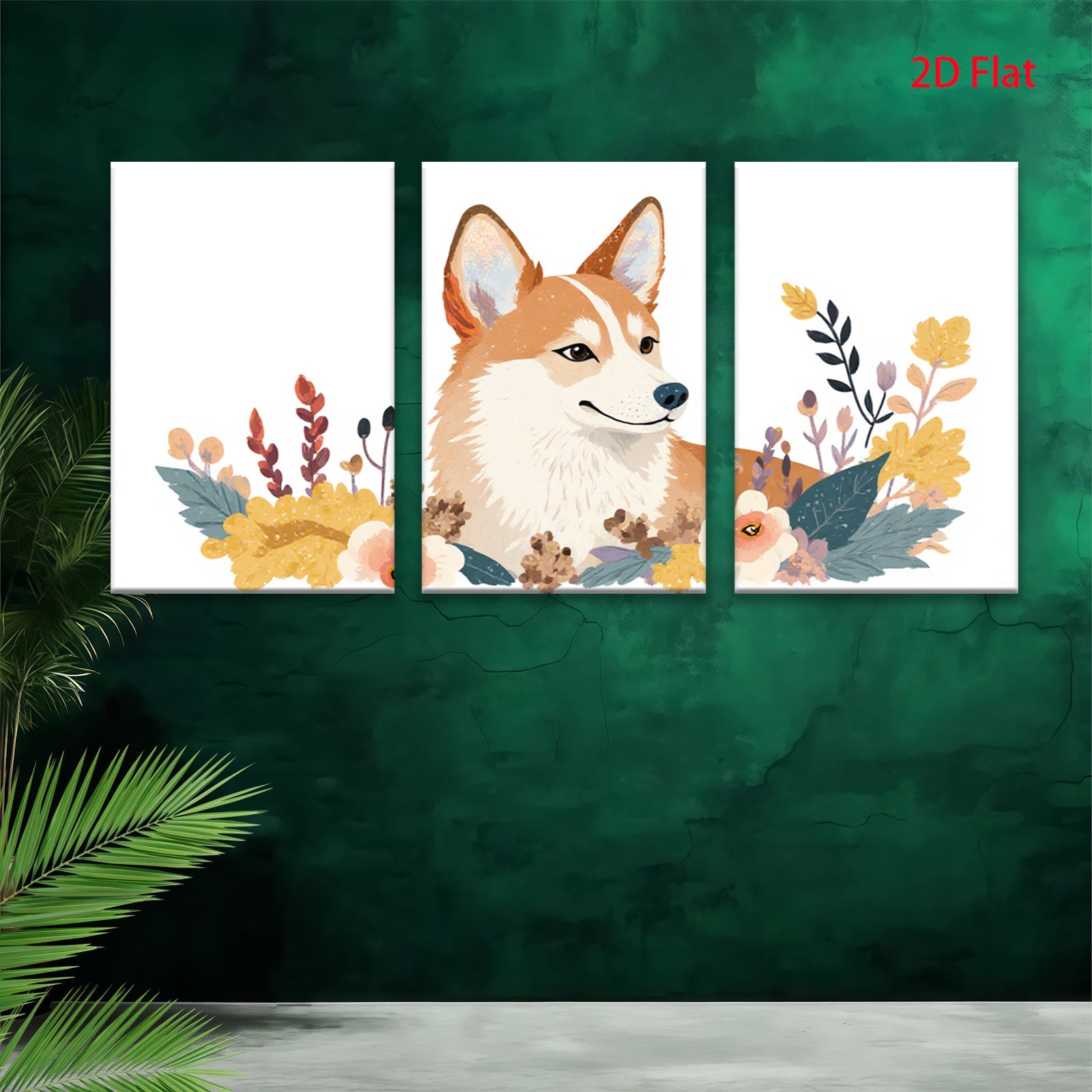 2D flat 1pc Cute Corgi Floral Wall Art Living Room Bedroom Decor Modern Farmhouse Style Canvas Prints Aesthetic Room Decor Gifts for Dog Lovers