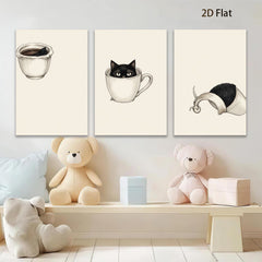 2D flat 1pc Cute Kitten Inside Coffee Mug Wall Art Living Room Bedroom Decor Farmhouse Style Canvas Prints Modern Minimalist Artwork