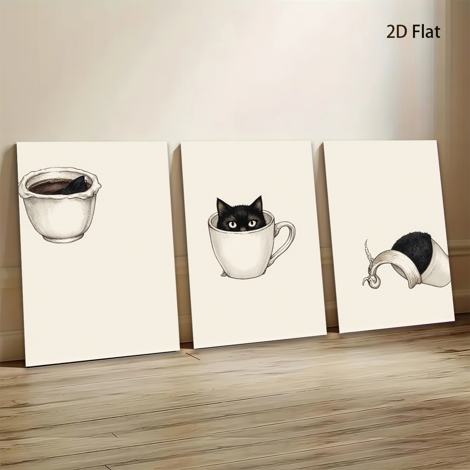 2D flat 1pc Cute Kitten Inside Coffee Mug Wall Art Living Room Bedroom Decor Farmhouse Style Canvas Prints Modern Minimalist Artwork