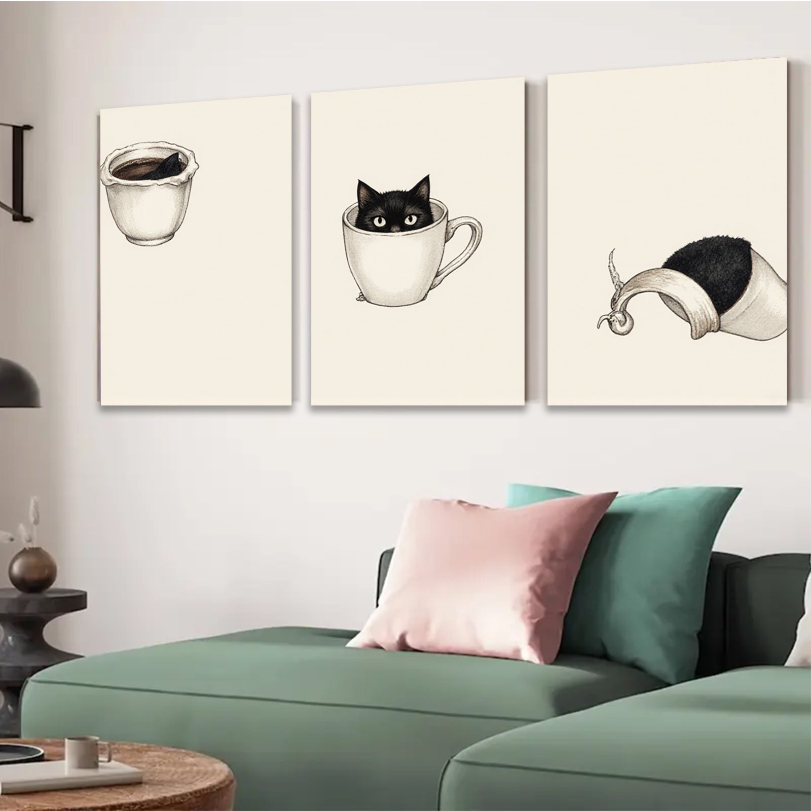 2D flat 1pc Cute Kitten Inside Coffee Mug Wall Art Living Room Bedroom Decor Farmhouse Style Canvas Prints Modern Minimalist Artwork