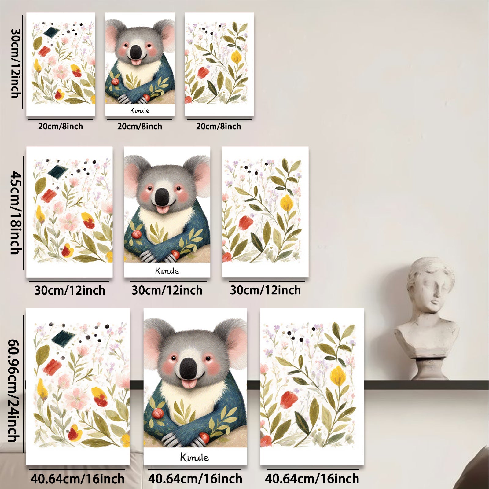 2D flat 1pc Cute Koala Floral Wall Art Canvas Prints for Baby Room Nursery Decor Kids Bedroom Playroom Modern Farmhouse Style