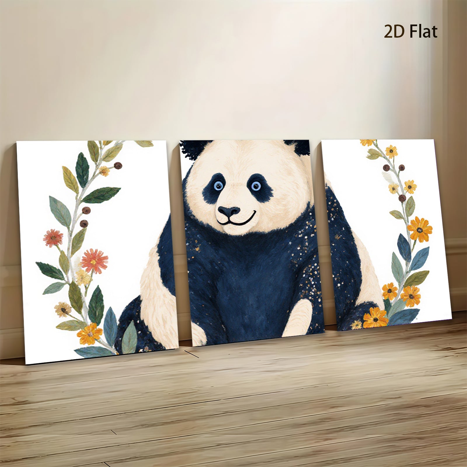 2D flat 1pc Cute Panda Blossom Wall Art Botanical Prints Nursery Decor Kids Room Playroom Gallery Wrapped Canvas Prints Modern Farmhouse Style