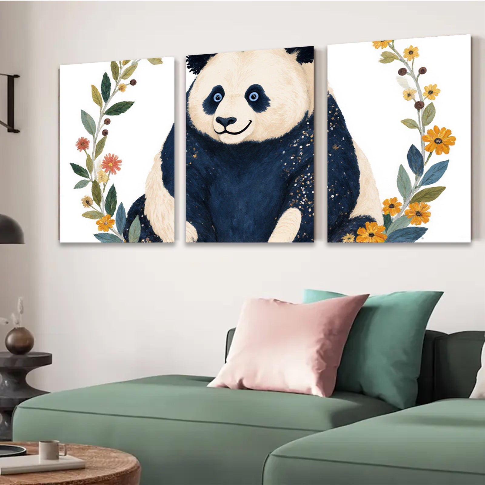 2D flat 1pc Cute Panda Blossom Wall Art Botanical Prints Nursery Decor Kids Room Playroom Gallery Wrapped Canvas Prints Modern Farmhouse Style