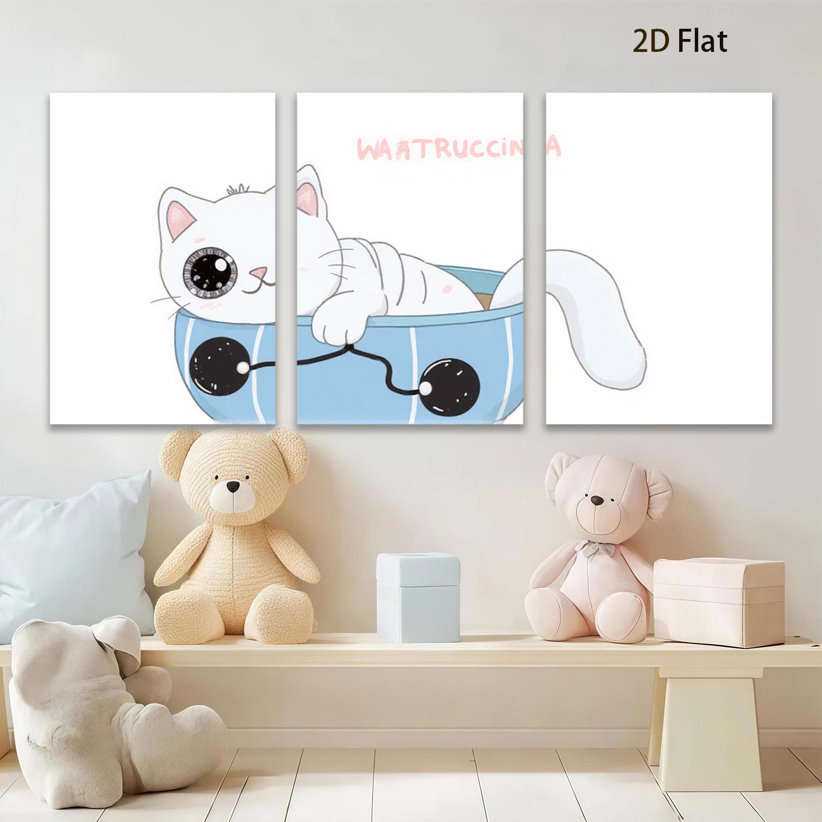 2D flat 1pc Cute kitten relaxes in blue tub bathroom wall art kids room nursery decor farmhouse style modern minimalist prints cozy vibes