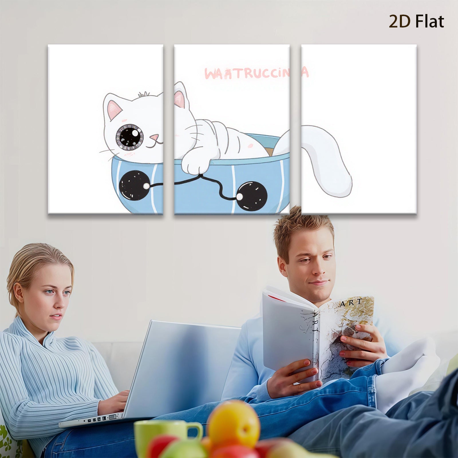 2D flat 1pc Cute kitten relaxes in blue tub bathroom wall art kids room nursery decor farmhouse style modern minimalist prints cozy vibes