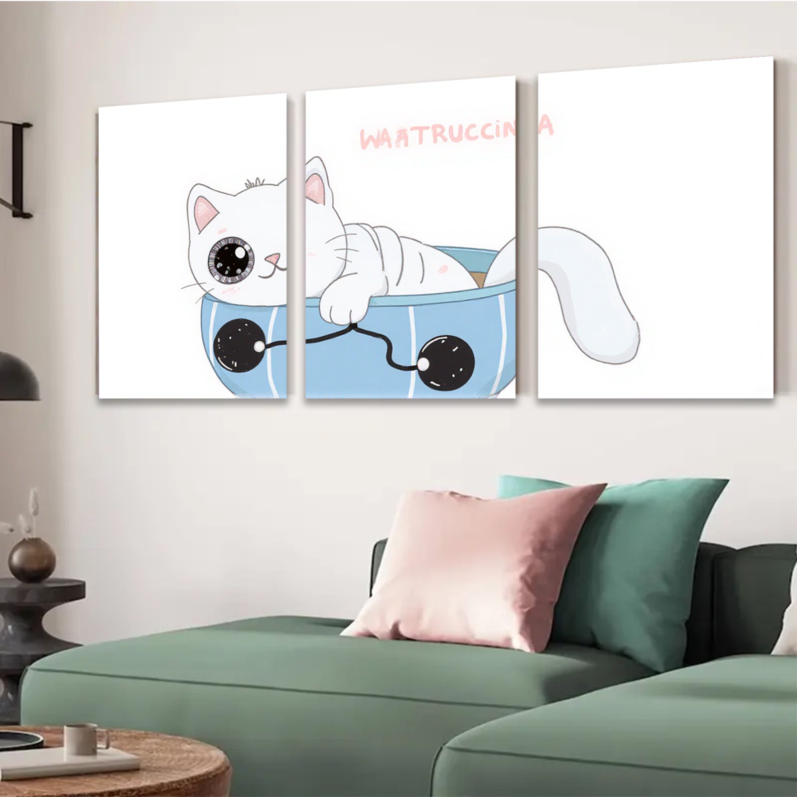 2D flat 1pc Cute kitten relaxes in blue tub bathroom wall art kids room nursery decor farmhouse style modern minimalist prints cozy vibes