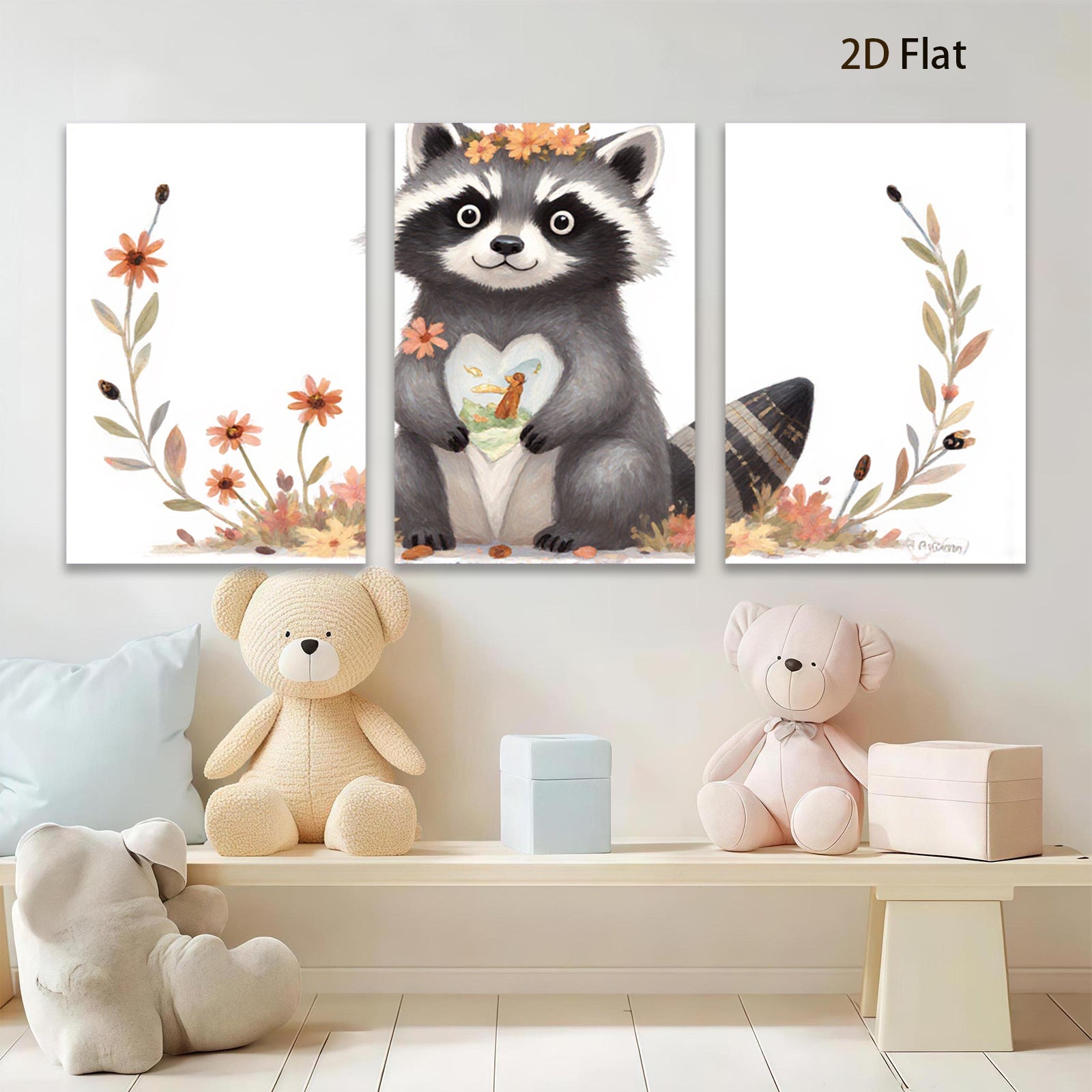 2D flat 1pc Cute raccoon holds heart blossom floral wall art kids room nursery decor farmhouse style canvas prints living room bedroom cozy gift