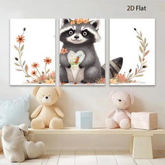 2D flat 1pc Cute raccoon holds heart blossom floral wall art kids room nursery decor farmhouse style canvas prints living room bedroom cozy gift