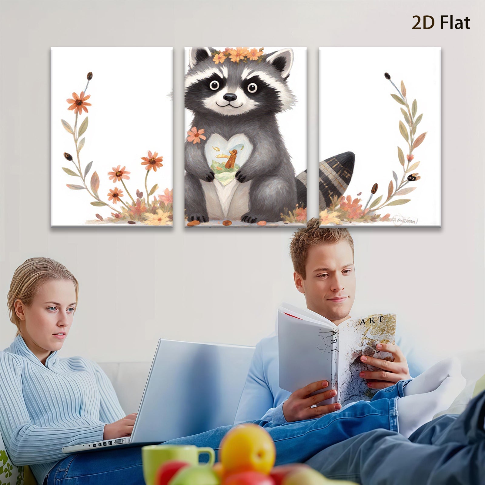 2D flat 1pc Cute raccoon holds heart blossom floral wall art kids room nursery decor farmhouse style canvas prints living room bedroom cozy gift