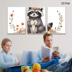 2D flat 1pc Cute raccoon holds heart blossom floral wall art kids room nursery decor farmhouse style canvas prints living room bedroom cozy gift
