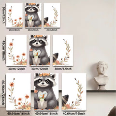2D flat 1pc Cute raccoon holds heart blossom floral wall art kids room nursery decor farmhouse style canvas prints living room bedroom cozy gift