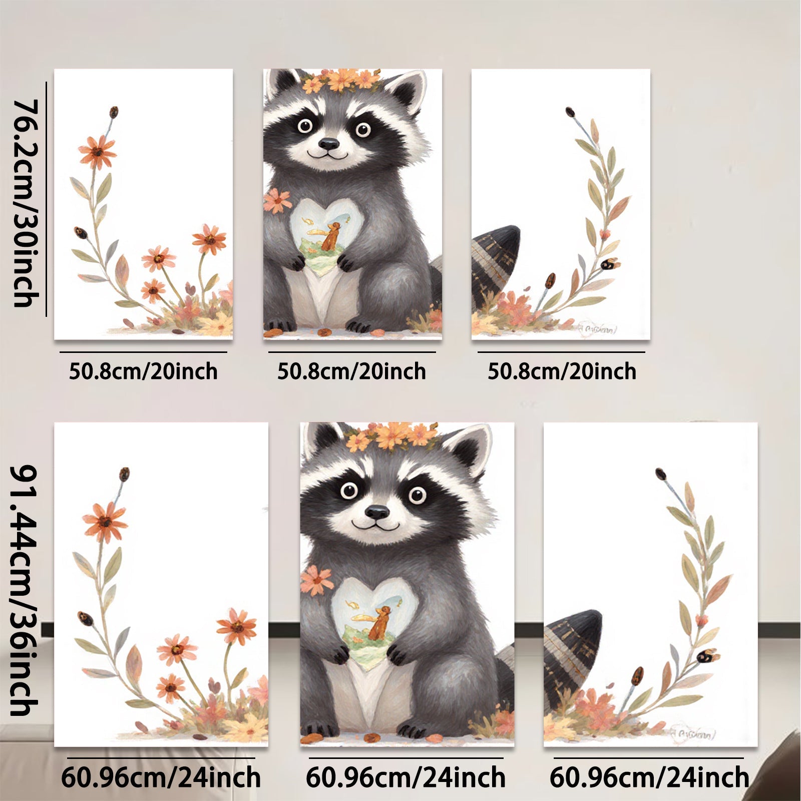 2D flat 1pc Cute raccoon holds heart blossom floral wall art kids room nursery decor farmhouse style canvas prints living room bedroom cozy gift