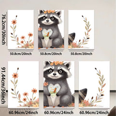 2D flat 1pc Cute raccoon holds heart blossom floral wall art kids room nursery decor farmhouse style canvas prints living room bedroom cozy gift