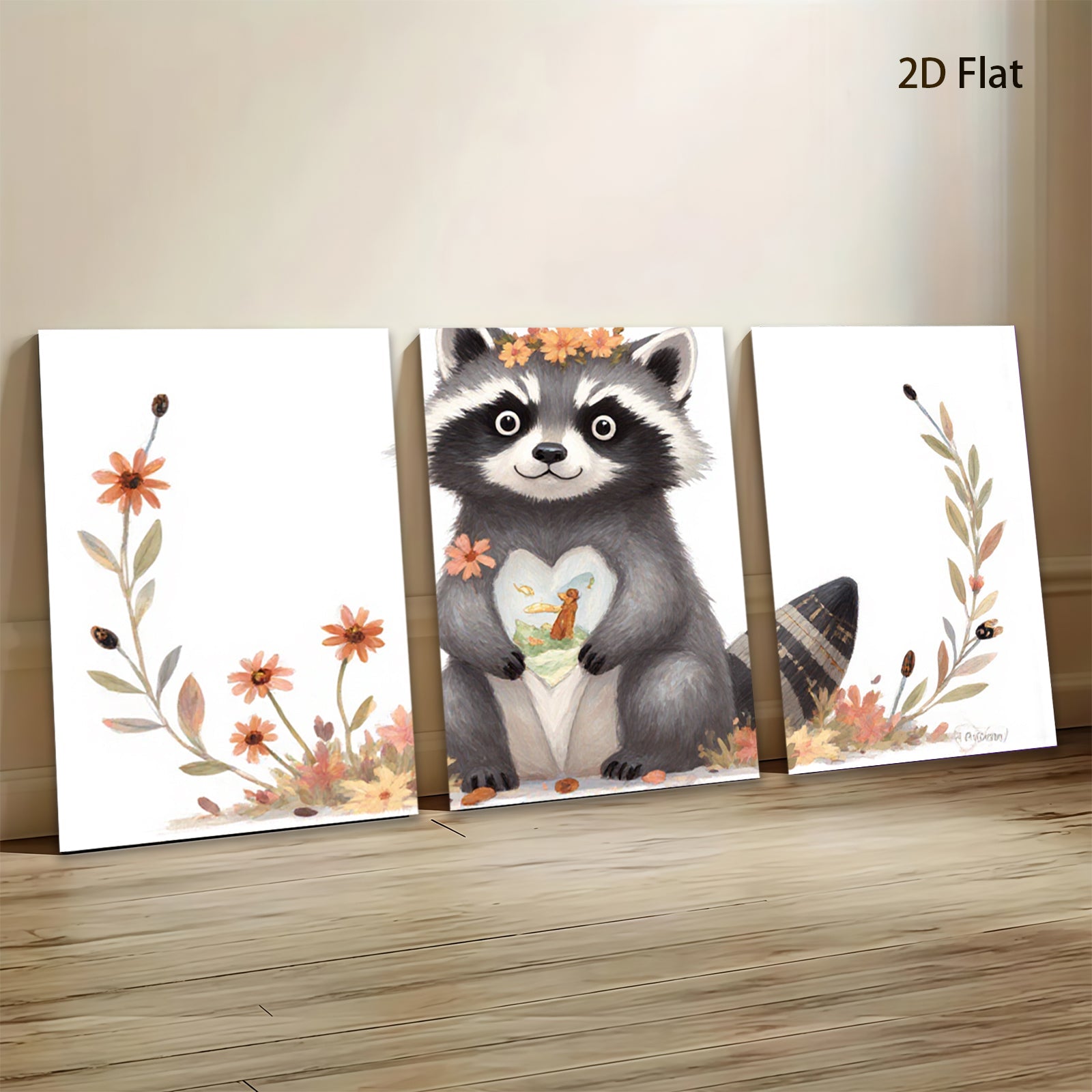 2D flat 1pc Cute raccoon holds heart blossom floral wall art kids room nursery decor farmhouse style canvas prints living room bedroom cozy gift