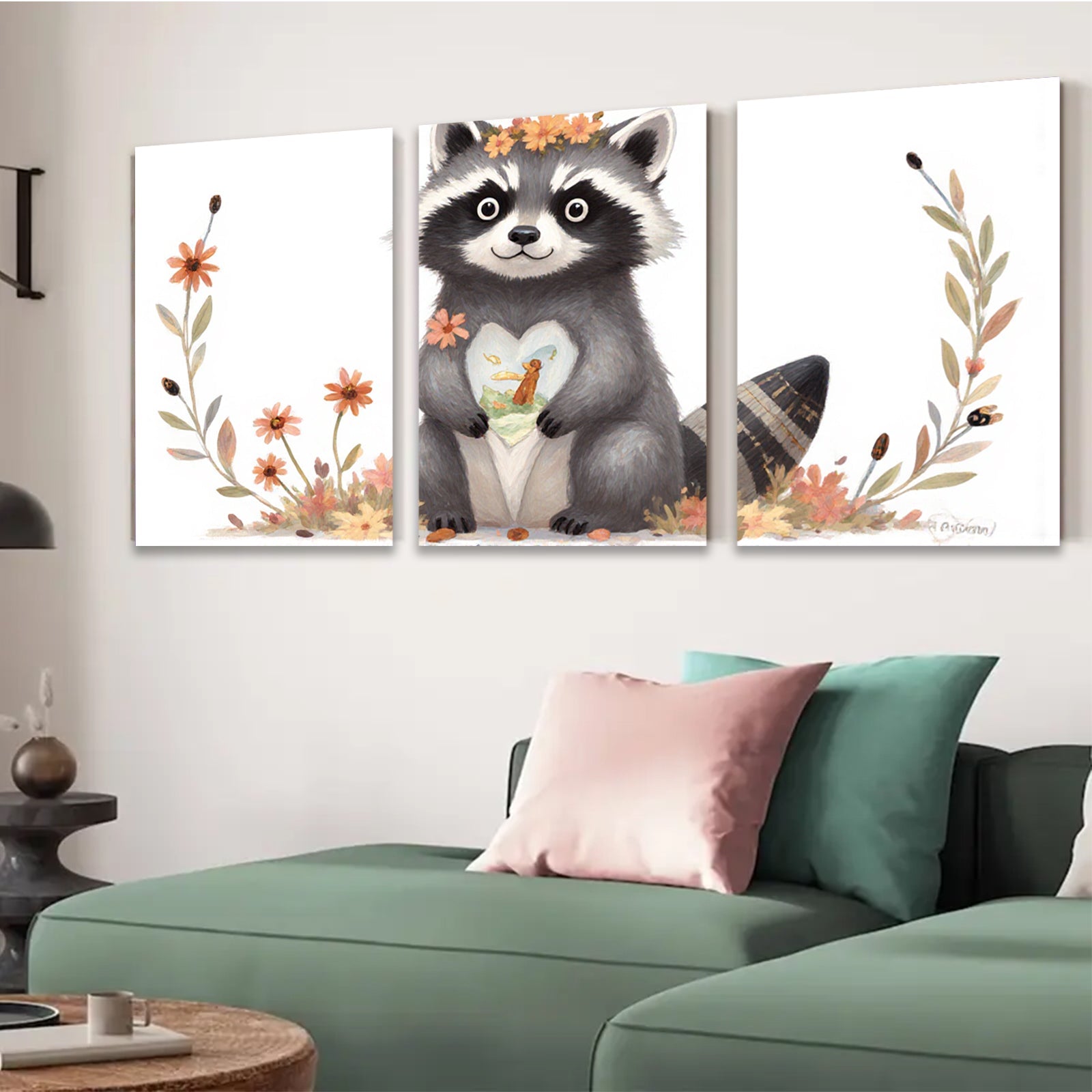 2D flat 1pc Cute raccoon holds heart blossom floral wall art kids room nursery decor farmhouse style canvas prints living room bedroom cozy gift