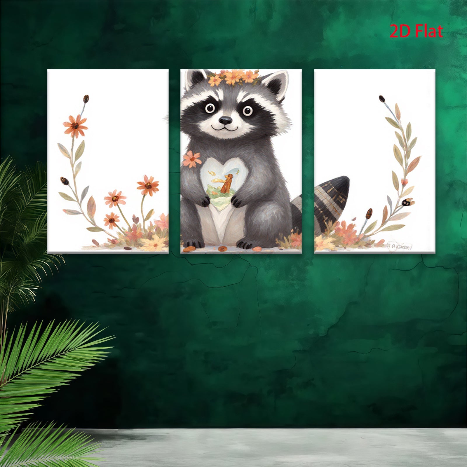2D flat 1pc Cute raccoon holds heart blossom floral wall art kids room nursery decor farmhouse style canvas prints living room bedroom cozy gift