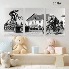 2D flat 1pc Cyclists perform daring bike stunts near historic building farmhouse wall art living room bedroom decor gallery wrapped canvas prints modern farmhouse style