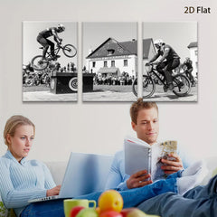 2D flat 1pc Cyclists perform daring bike stunts near historic building farmhouse wall art living room bedroom decor gallery wrapped canvas prints modern farmhouse style