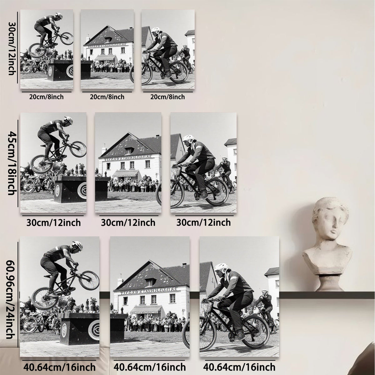 2D flat 1pc Cyclists perform daring bike stunts near historic building farmhouse wall art living room bedroom decor gallery wrapped canvas prints modern farmhouse style