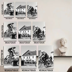 2D flat 1pc Cyclists perform daring bike stunts near historic building farmhouse wall art living room bedroom decor gallery wrapped canvas prints modern farmhouse style