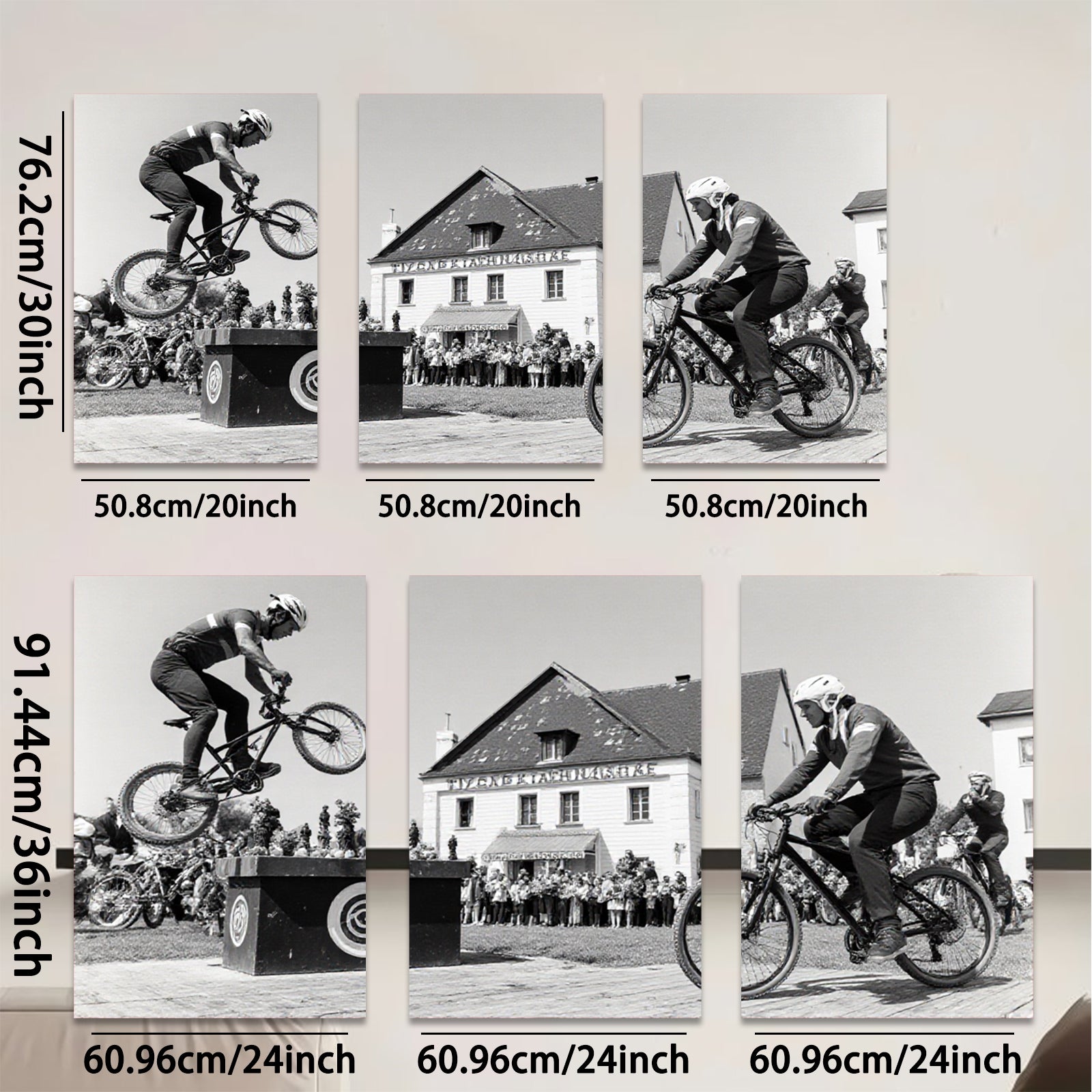 2D flat 1pc Cyclists perform daring bike stunts near historic building farmhouse wall art living room bedroom decor gallery wrapped canvas prints modern farmhouse style